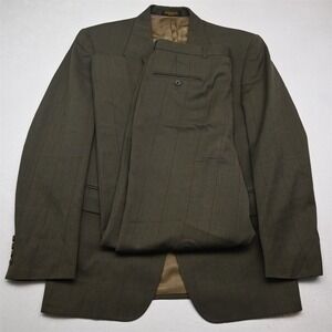 Vtg USA Made 40L 34x32 Green Windowpane Wool Mens Jacket Pants Suit